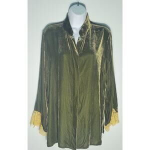 Soft Surroundings Womens Green Crushed Velvet Shirt Size Large Boho Lagenlook